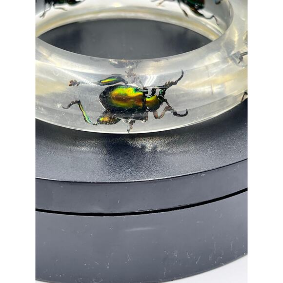 Vintage 1960s Clear Lucite Green Iridescent Beetle Weevil Bangle Bracelet - Picture 5 of 12